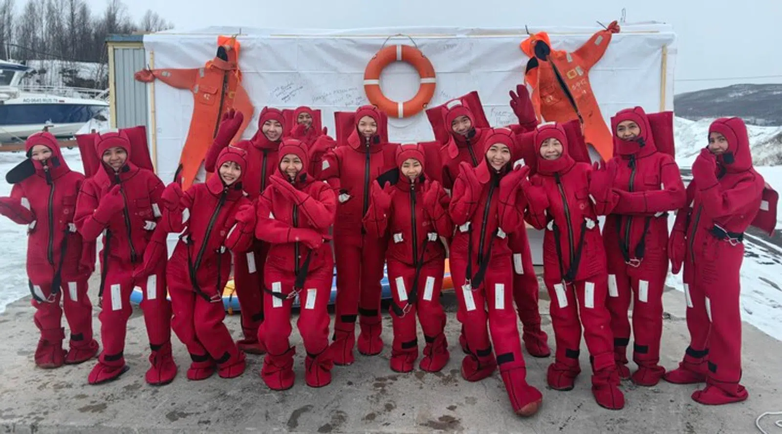 A large ice-floating group lined up beside a lifebuoy at the waterfront
