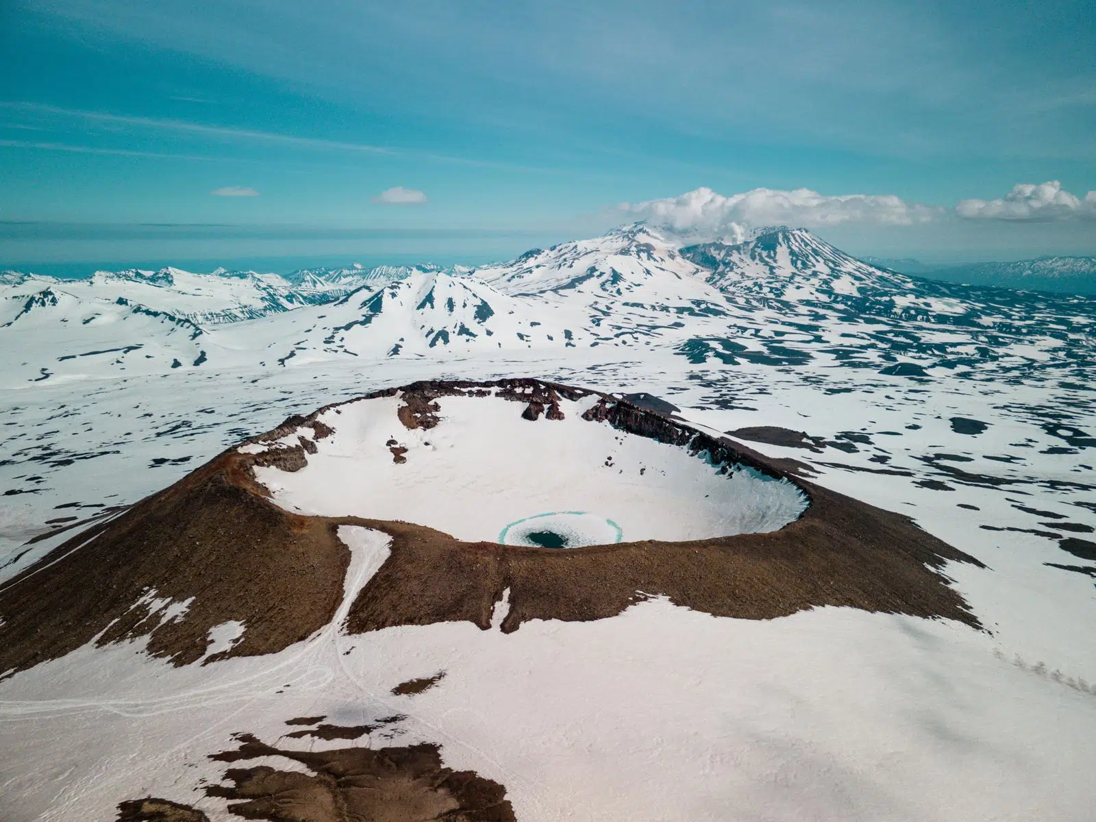 Snow-filled volcanic craters seen from above