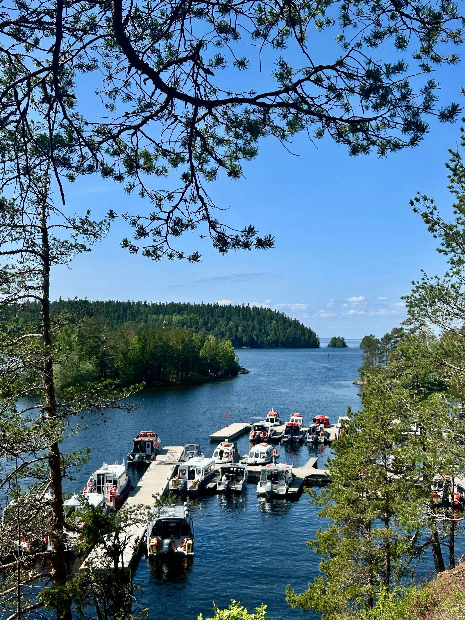 Boats moored at a small marina surrounded by Karelian forest