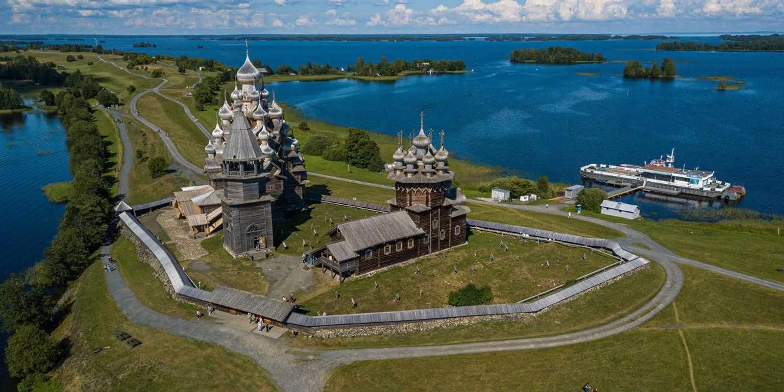 Aerial view of the wooden churches of Kizhi Pogost beside Lake Onega