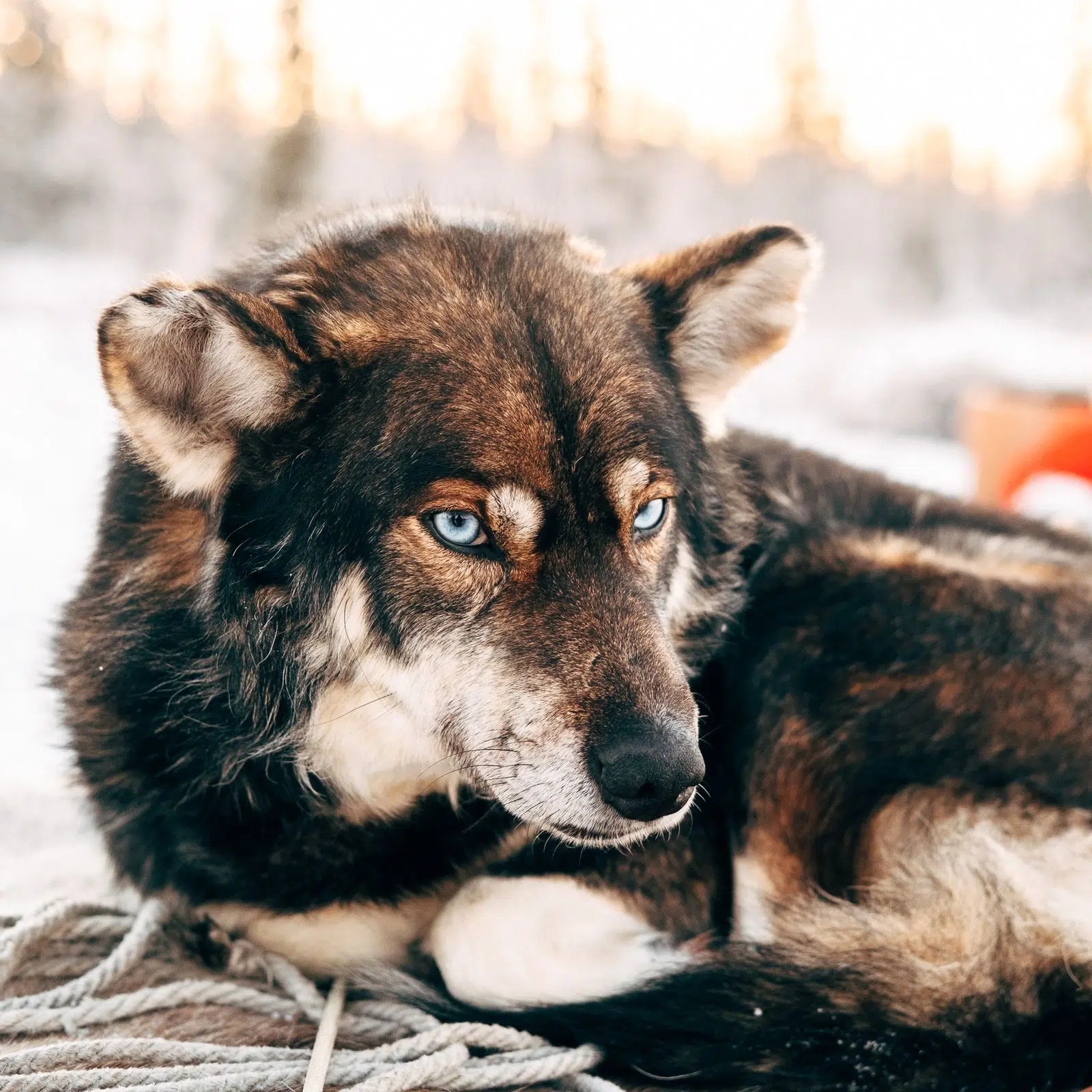 Blue-eyed sled dog resting outdoors in winter