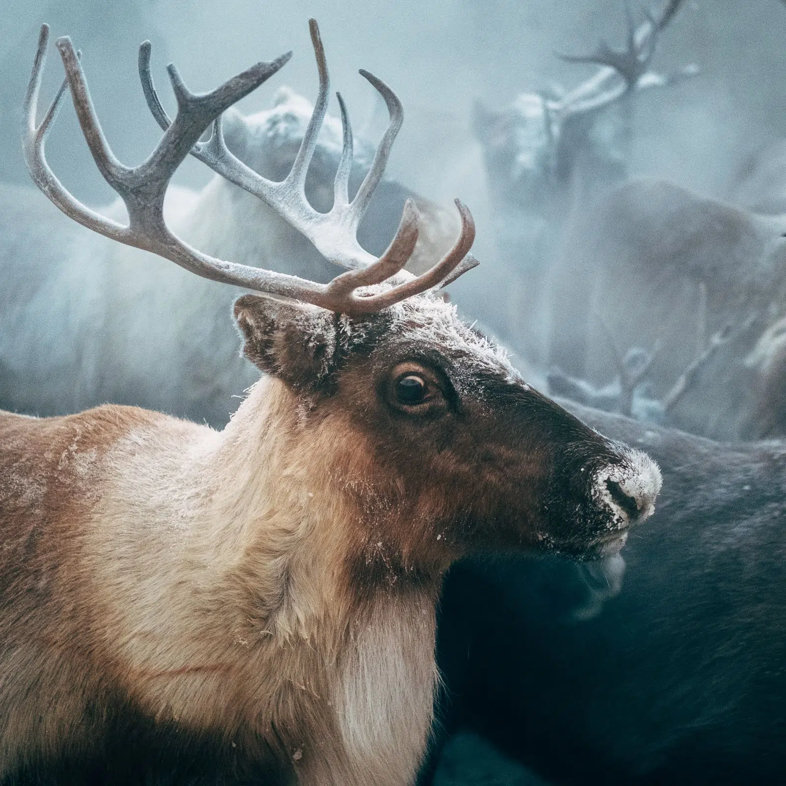 Close portrait of a reindeer with broad antlers