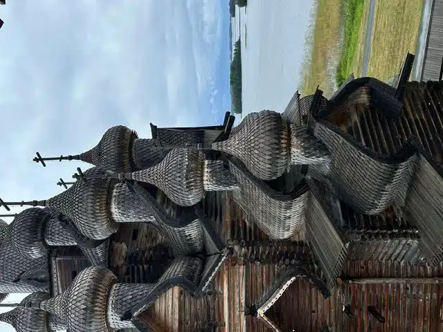 Close view of the shingled domes of a wooden church on Kizhi Island