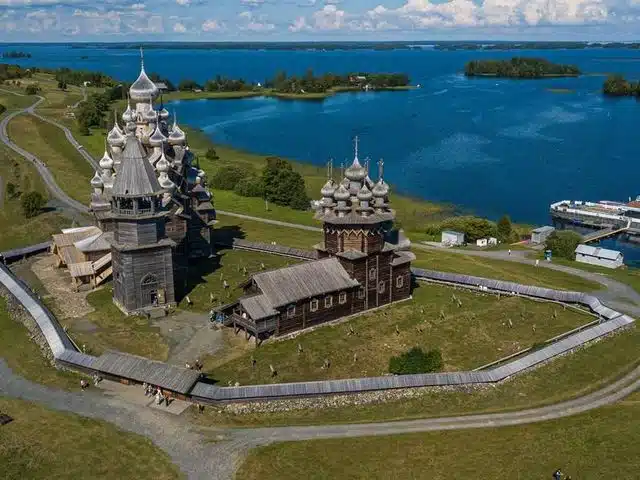 Aerial view of the wooden churches of Kizhi Pogost beside Lake Onega